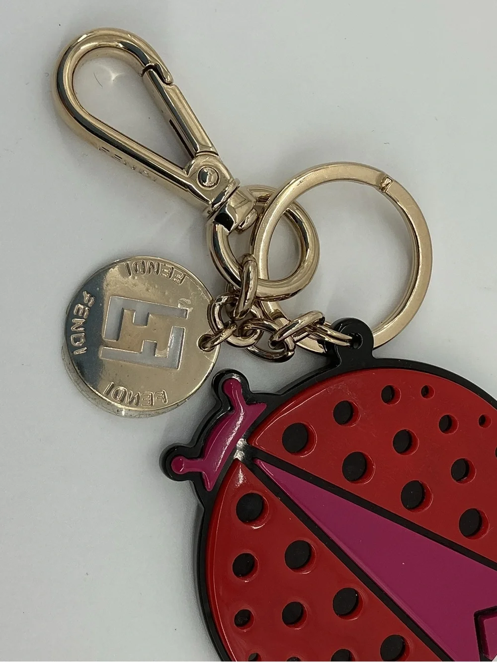 Fendi Ladybug Bug Keychain Bag Charm Red Pink Gold Tone Logo Charm